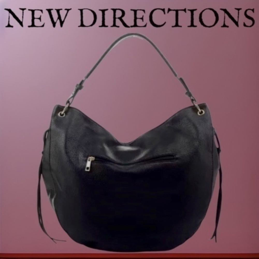 NEW DIRECTIONS Large Black Vegan Leather Hobo/Compartment Shoulder Bag NWT